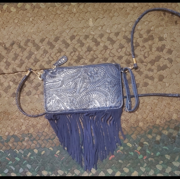Free People Blue Embossed Fringe Bag. - Picture 3 of 14